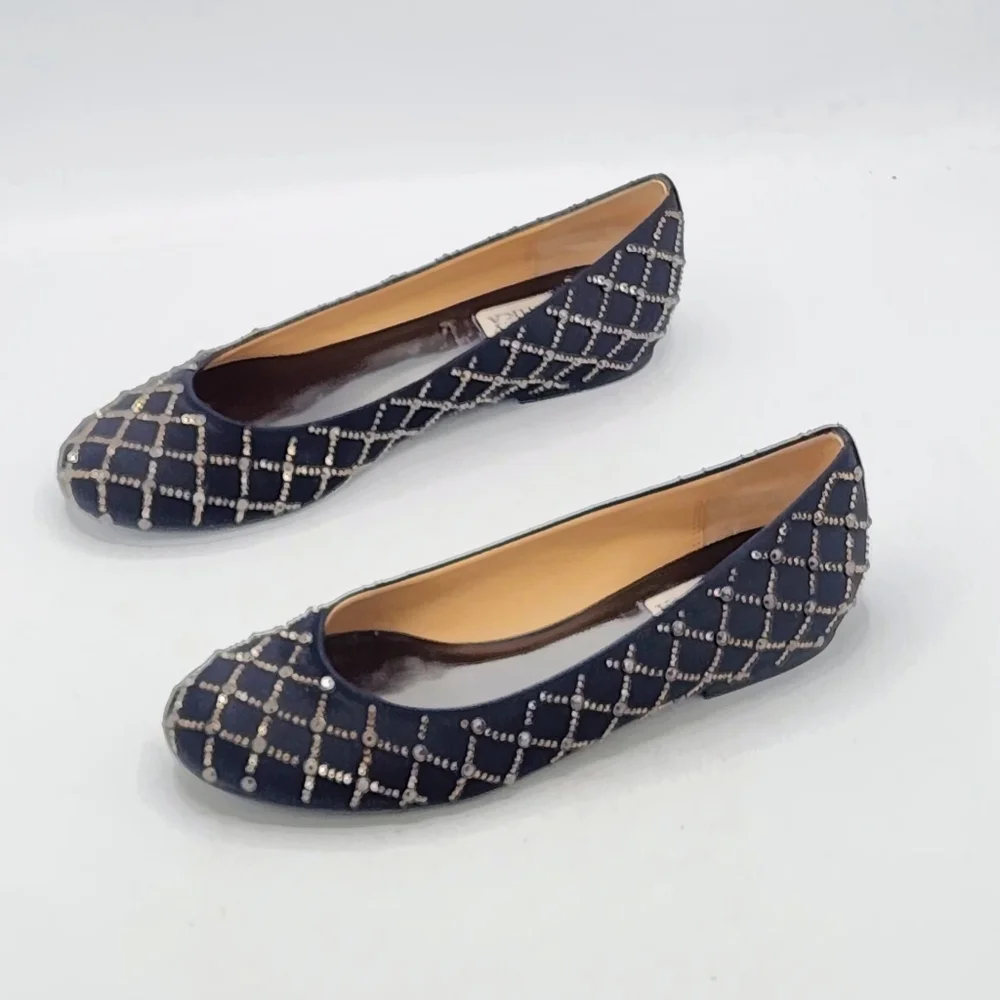 Badgley Mischka Norell Quilted Crystal Satin Flats In Black Size 7.5